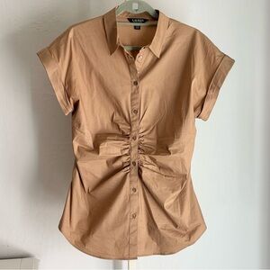 Lauren Ralph Lauren Tan Collared Button Front Ruched Short Sleeve Top, Size 14